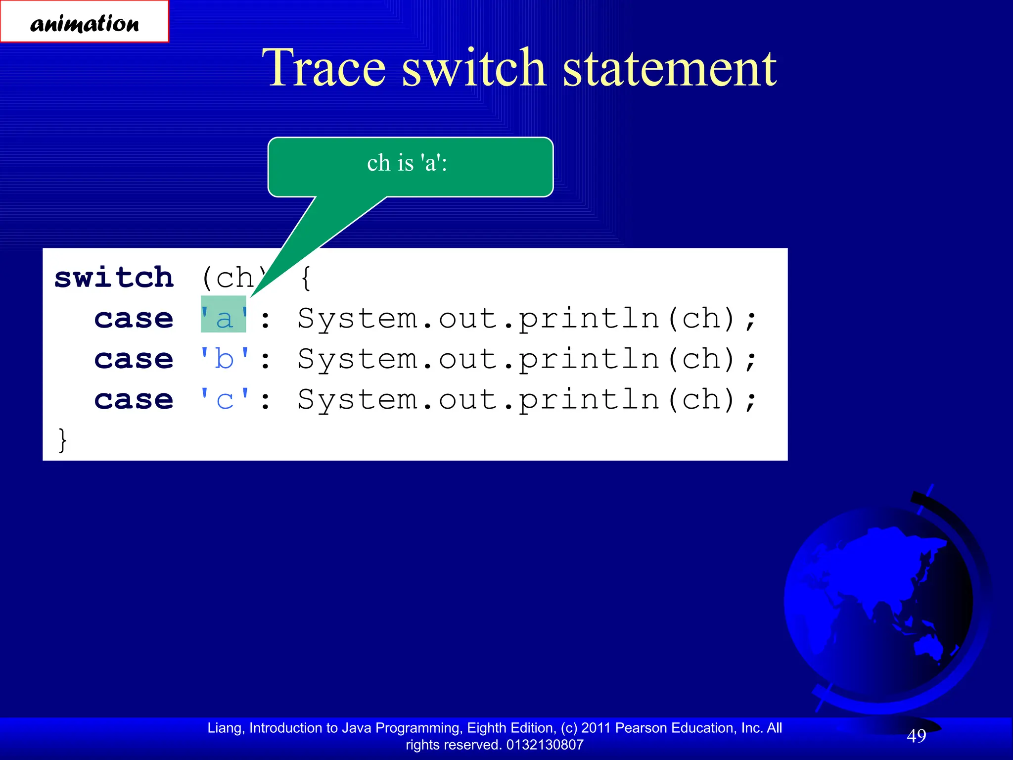 Liang, Introduction to Java Programming, Eighth Edition, (c) 2011 Pearson Education, Inc. All rights reserved. 0132130807 49 Trace switch statement switch (ch) { case 'a': System.out.println(ch); case 'b': System.out.println(ch); case 'c': System.out.println(ch); } ch is 'a': animation 