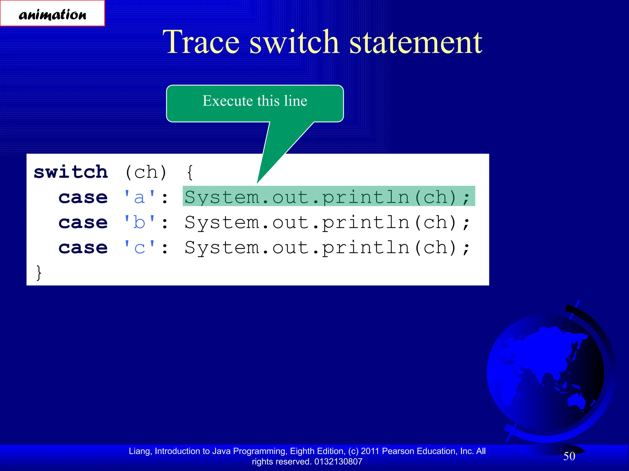 Liang, Introduction to Java Programming, Eighth Edition, (c) 2011 Pearson Education, Inc. All rights reserved. 0132130807 50 Trace switch statement switch (ch) { case 'a': System.out.println(ch); case 'b': System.out.println(ch); case 'c': System.out.println(ch); } Execute this line animation 