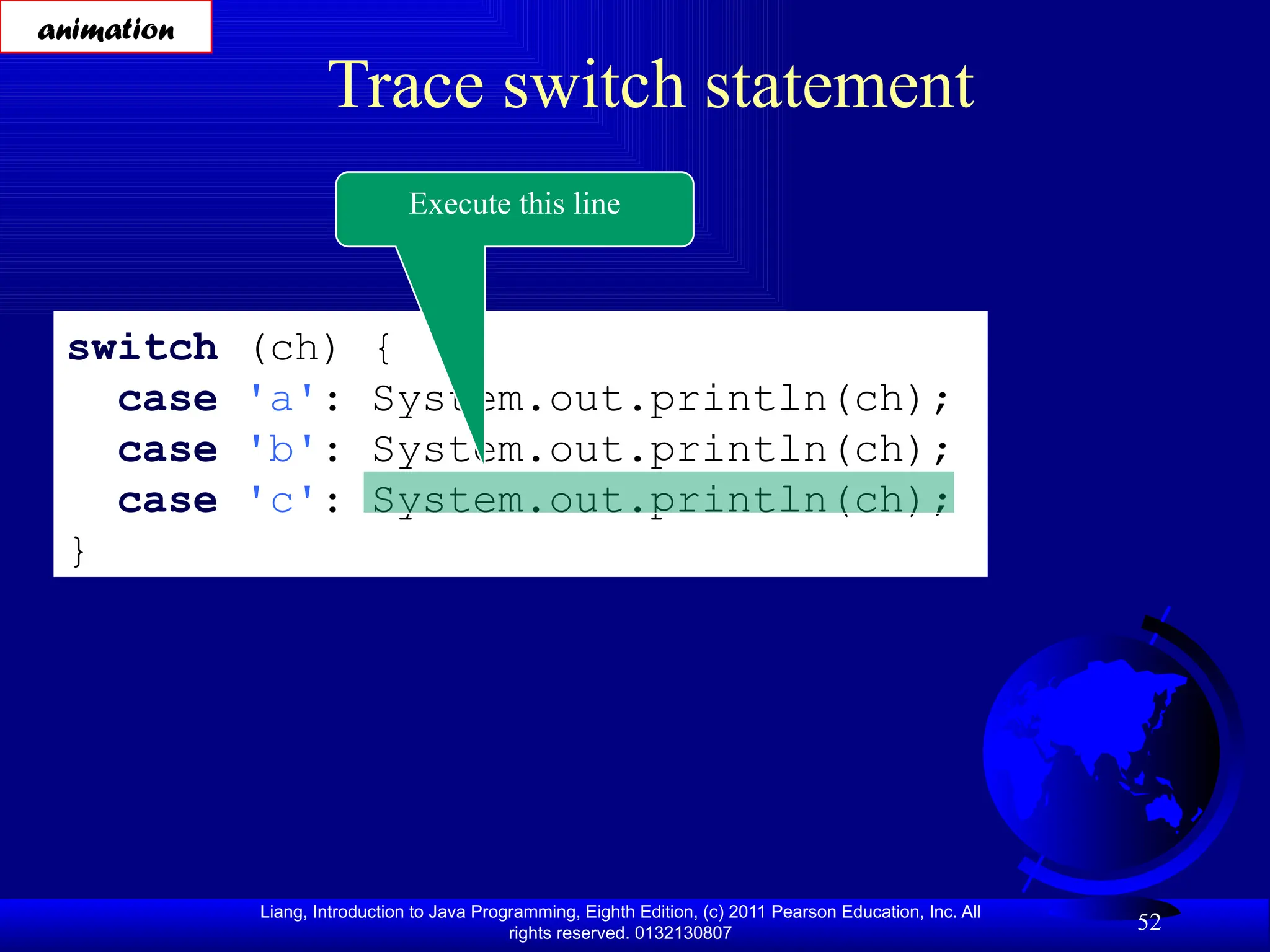 Liang, Introduction to Java Programming, Eighth Edition, (c) 2011 Pearson Education, Inc. All rights reserved. 0132130807 52 Trace switch statement switch (ch) { case 'a': System.out.println(ch); case 'b': System.out.println(ch); case 'c': System.out.println(ch); } Execute this line animation 