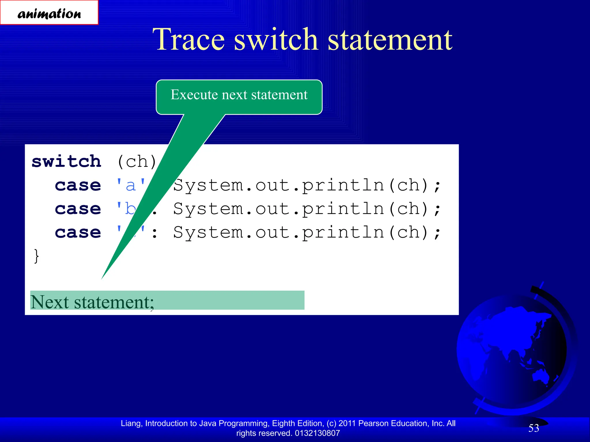 Liang, Introduction to Java Programming, Eighth Edition, (c) 2011 Pearson Education, Inc. All rights reserved. 0132130807 53 Trace switch statement switch (ch) { case 'a': System.out.println(ch); case 'b': System.out.println(ch); case 'c': System.out.println(ch); } Next statement; Execute next statement animation 