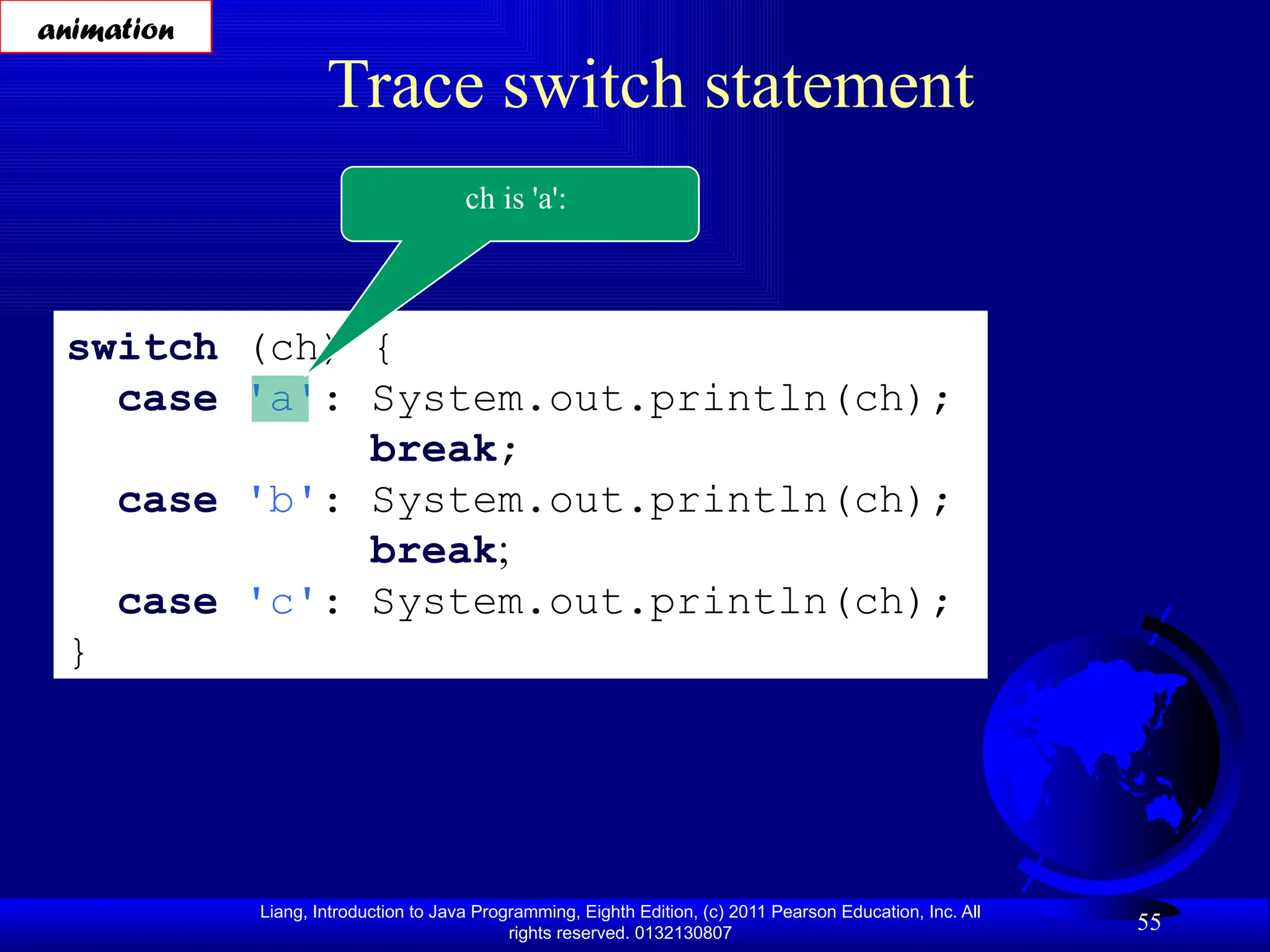 Liang, Introduction to Java Programming, Eighth Edition, (c) 2011 Pearson Education, Inc. All rights reserved. 0132130807 55 Trace switch statement switch (ch) { case 'a': System.out.println(ch); break; case 'b': System.out.println(ch); break; case 'c': System.out.println(ch); } ch is 'a': animation 
