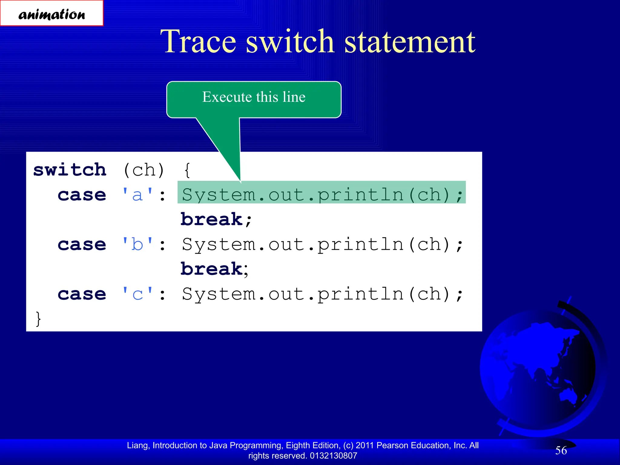Liang, Introduction to Java Programming, Eighth Edition, (c) 2011 Pearson Education, Inc. All rights reserved. 0132130807 56 Trace switch statement switch (ch) { case 'a': System.out.println(ch); break; case 'b': System.out.println(ch); break; case 'c': System.out.println(ch); } Execute this line animation 
