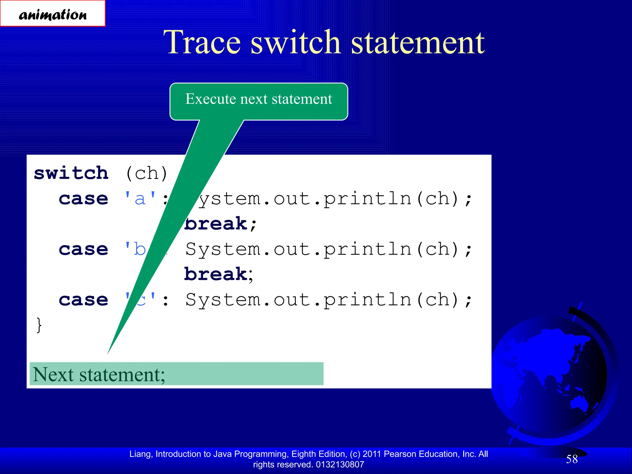 Liang, Introduction to Java Programming, Eighth Edition, (c) 2011 Pearson Education, Inc. All rights reserved. 0132130807 58 Trace switch statement switch (ch) { case 'a': System.out.println(ch); break; case 'b': System.out.println(ch); break; case 'c': System.out.println(ch); } Next statement; Execute next statement animation 