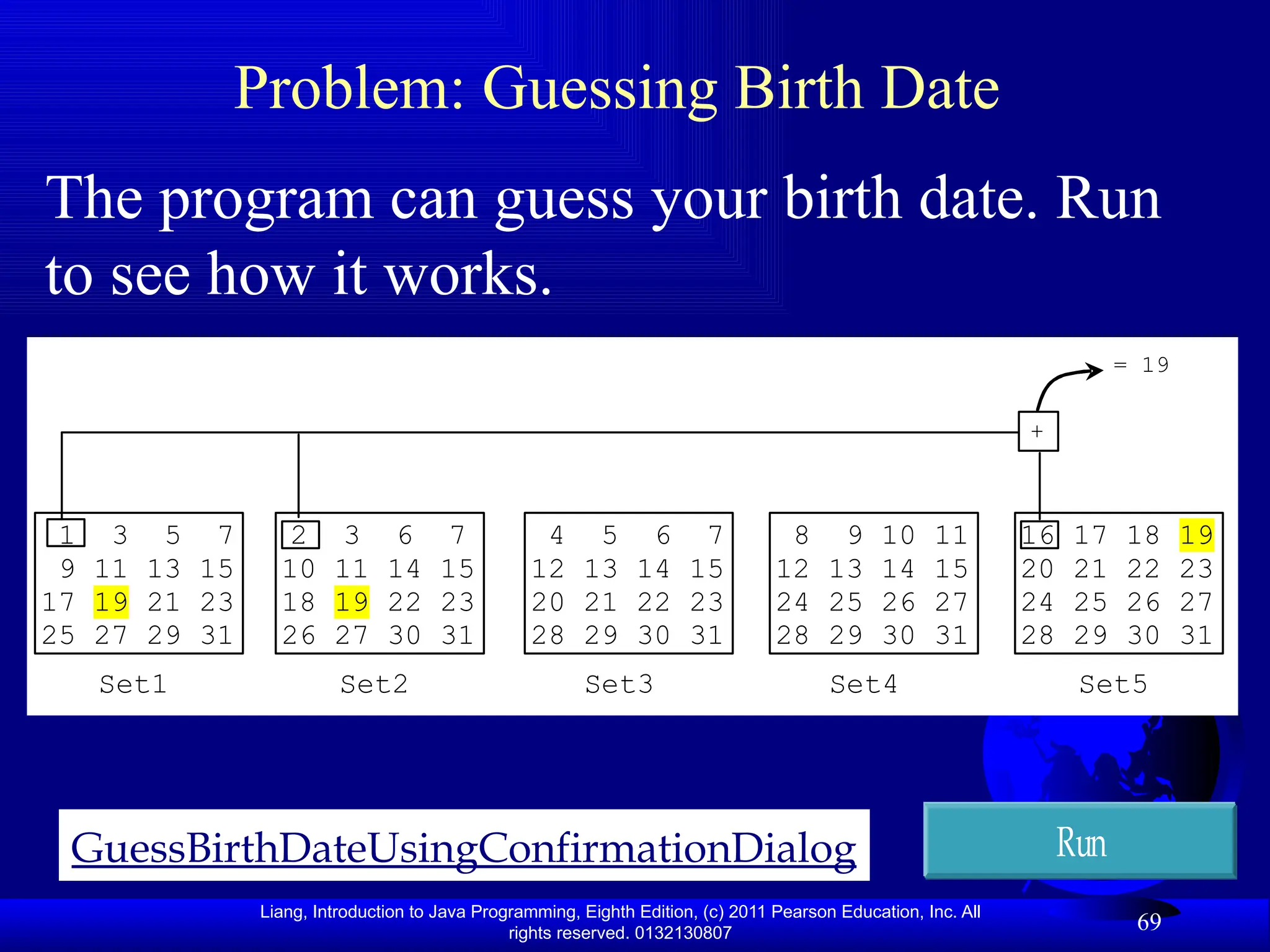 Liang, Introduction to Java Programming, Eighth Edition, (c) 2011 Pearson Education, Inc. All rights reserved. 0132130807 69 Problem: Guessing Birth Date GuessBirthDateUsingConfirmationDialog Run The program can guess your birth date. Run to see how it works. 16 17 18 19 20 21 22 23 24 25 26 27 28 29 30 31 Set1 8 9 10 11 12 13 14 15 24 25 26 27 28 29 30 31 Set2 1 3 5 7 9 11 13 15 17 19 21 23 25 27 29 31 Set3 2 3 6 7 10 11 14 15 18 19 22 23 26 27 30 31 Set4 4 5 6 7 12 13 14 15 20 21 22 23 28 29 30 31 Set5 + = 19 