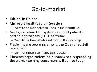 Go-to-market
• Taltioni in Finland
• Microsoft HealthVault in Sweden
– Want to be a diabetes solution in their portfolio
•...