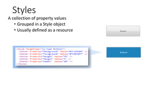 A collection of property values
• Grouped in a Style object
• Usually defined as a resource
Styles
 