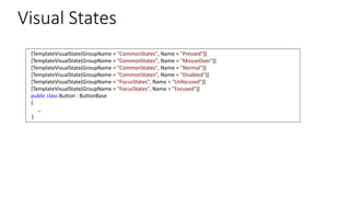 Visual States
[TemplateVisualState(GroupName = "CommonStates", Name = "Pressed")]
[TemplateVisualState(GroupName = "CommonStates", Name = "MouseOver")]
[TemplateVisualState(GroupName = "CommonStates", Name = "Normal")]
[TemplateVisualState(GroupName = "CommonStates", Name = "Disabled")]
[TemplateVisualState(GroupName = "FocusStates", Name = "Unfocused")]
[TemplateVisualState(GroupName = "FocusStates", Name = "Focused")]
public class Button : ButtonBase
{
…
}
 