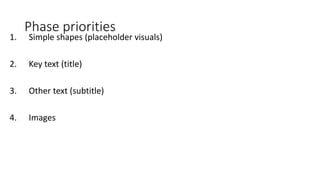 Phase priorities
1. Simple shapes (placeholder visuals)
2. Key text (title)
3. Other text (subtitle)
4. Images
 
