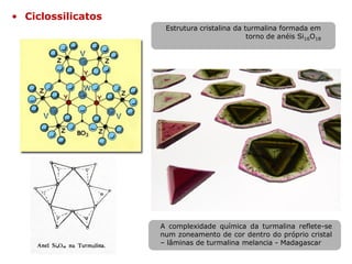 Estrutura cristalina da turmalina formada em
torno de anéis Si16O18
A complexidade química da turmalina reflete-se
num zoneamento de cor dentro do próprio cristal
– lâminas de turmalina melancia - Madagascar
• Ciclossilicatos
 