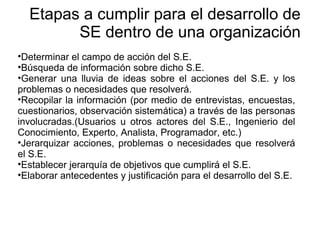 Etapas a cumplir para el desarrollo de
SE dentro de una organización
•Determinar el campo de acción del S.E.
•Búsqueda de información sobre dicho S.E.
•Generar una lluvia de ideas sobre el acciones del S.E. y los
problemas o necesidades que resolverá.
•Recopilar la información (por medio de entrevistas, encuestas,
cuestionarios, observación sistemática) a través de las personas
involucradas.(Usuarios u otros actores del S.E., Ingenierio del
Conocimiento, Experto, Analista, Programador, etc.)
•Jerarquizar acciones, problemas o necesidades que resolverá
el S.E.
•Establecer jerarquía de objetivos que cumplirá el S.E.
•Elaborar antecedentes y justificación para el desarrollo del S.E.
 