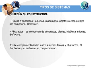 TIPOS DE SISTEMAS 1. SEGÚN SU CONSTITUCIÓN: - Físicos o concretos:  equipos, maquinaria, objetos o cosas reales los componen. Hardware. - Abstractos:  se componen de conceptos, planes, hipótesis e ideas.  Software. Existe complementariedad entre sistemas físicos y abstractos. El hardware y el software se complementan. 