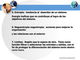 5. Entropía:  tendencia al  desorden de un sistema Energía ineficaz que no contribuye al logro de los objetivos del sistema. 6. Neguentropía-negentropia:  acciones para mejorar la organización y las relaciones con el entorno 7. Limites:  Región que lo separa de otro.  Tiene como función filtrar o seleccionar las entradas y salidas, con el fin de proteger la diferenciación del sistema tanto dentro  como fuera.  