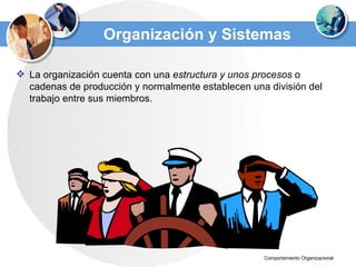 Organización y Sistemas La organización cuenta con una  estructura y unos procesos  o cadenas de producción y normalmente establecen una división del trabajo entre sus miembros.  