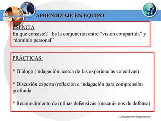 APRENDIZAJE EN EQUIPO ESENCIA En que consiste?  Es la conjunción entre “visión compartida” y “dominio personal” PRÁCTICAS: * Diálogo (indagación acerca de las experiencias colectivas) * Discusión experta (reflexión e indagación para comprensión profunda * Reconocimiento de rutinas defensivas (mecanismos de defensa) 