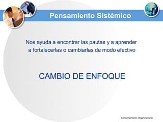 Pensamiento Sistémico Nos ayuda a encontrar las pautas y a aprender  a fortalecerlas o cambiarlas de modo efectivo CAMBIO DE ENFOQUE 