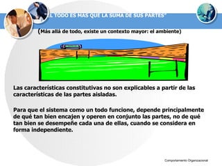 “ EL TODO ES MÁS QUE LA SUMA DE SUS PARTES” Para que el sistema como un todo funcione, depende principalmente de qué tan bien encajen y operen en conjunto las partes, no de qué tan bien se desempeñe cada una de ellas, cuando se considera en forma independiente. Las características constitutivas no son explicables a partir de las características de las partes aisladas. ( Más allá de todo, existe un contexto mayor: el ambiente) 