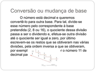 Conversão ou mudança de base
O número está decimal e queremos
convertê-lo para outra base. Para tal, divide-se
esse número pelo correspondente à base
pretendida (2, 8 ou 16), o quociente dessa divisão
passa a ser o dividendo e, efetua-se outra divisão
até o quociente ser igual a zero, por último
escrevem-se os restos que se obtiveram nas várias
divisões, pela ordem inversa a que se obtiveram,
por exemplo, queremos converter o número 11 de
decimal para binário ou base 2:
 
