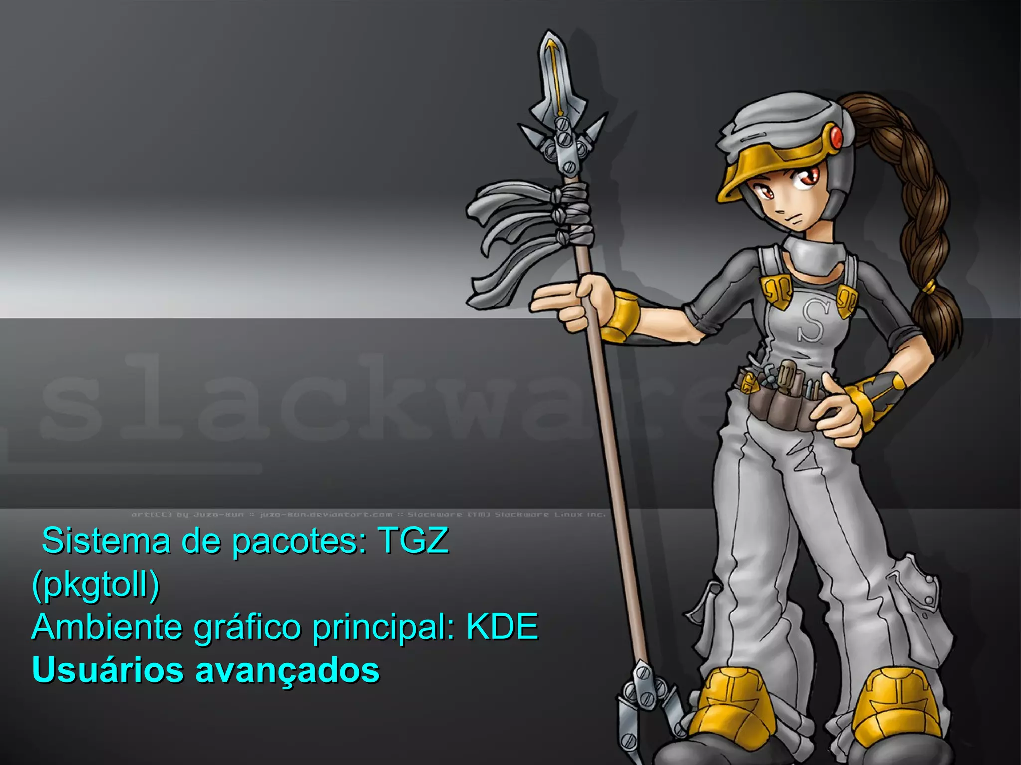 Sistema de pacotes: TGZSistema de pacotes: TGZ
(pkgtoll)(pkgtoll)
Ambiente gráfico principal: KDEAmbiente gráfico principal: KDE
Usuários avançadosUsuários avançados
 
