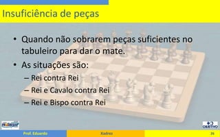 Quando não sobrarem peças suficientes no tabuleiro para dar o mate.As situações são:Rei contra ReiRei e Cavalo contra ReiRei e Bispo contra Rei26Insuficiência de peças