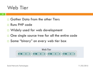 Web Tier
11/03/2015Social Networks Technologies
35
 Gather Data from the other Tiers
 Runs PHP code
 Widely used for web development
 One single source tree for all the entire code
 Same “binary” on every web tier box
 