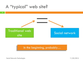 Social network
A “typical” web site?
11/03/2015
5
Social Networks Technologies
Traditional web
site
In the beginning, probably…
 