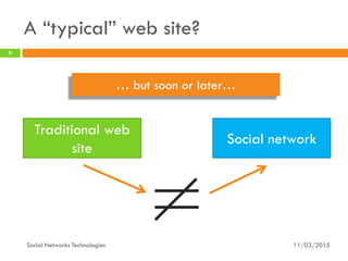 Social network
A “typical” web site?
11/03/2015
6
Social Networks Technologies
Traditional web
site
… but soon or later…
 