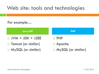 Web site: tools and technologies
 JVM + JDK + J2EE
 Tomcat (or similar)
 MySQL (or similar)
 PHP
 Apache
 MySQL (or similar)
11/03/2015
9
Social Networks Technologies
Java/JSP PHP
For example…
 