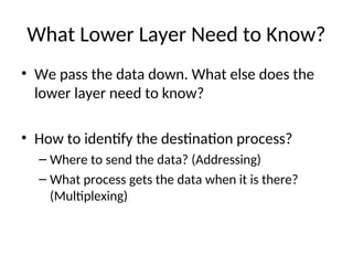 What Lower Layer Need to Know?
• We pass the data down. What else does the
lower layer need to know?
• How to identify the destination process?
– Where to send the data? (Addressing)
– What process gets the data when it is there?
(Multiplexing)
 