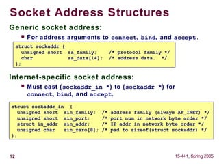 12 15-441, Spring 2005
Socket Address Structures
Generic socket address:
 For address arguments to connect, bind, and accept.
Internet-specific socket address:
 Must cast (sockaddr_in *) to (sockaddr *) for
connect, bind, and accept.
struct sockaddr {
unsigned short sa_family; /* protocol family */
char sa_data[14]; /* address data. */
};
struct sockaddr_in {
unsigned short sin_family; /* address family (always AF_INET) */
unsigned short sin_port; /* port num in network byte order */
struct in_addr sin_addr; /* IP addr in network byte order */
unsigned char sin_zero[8]; /* pad to sizeof(struct sockaddr) */
};
 