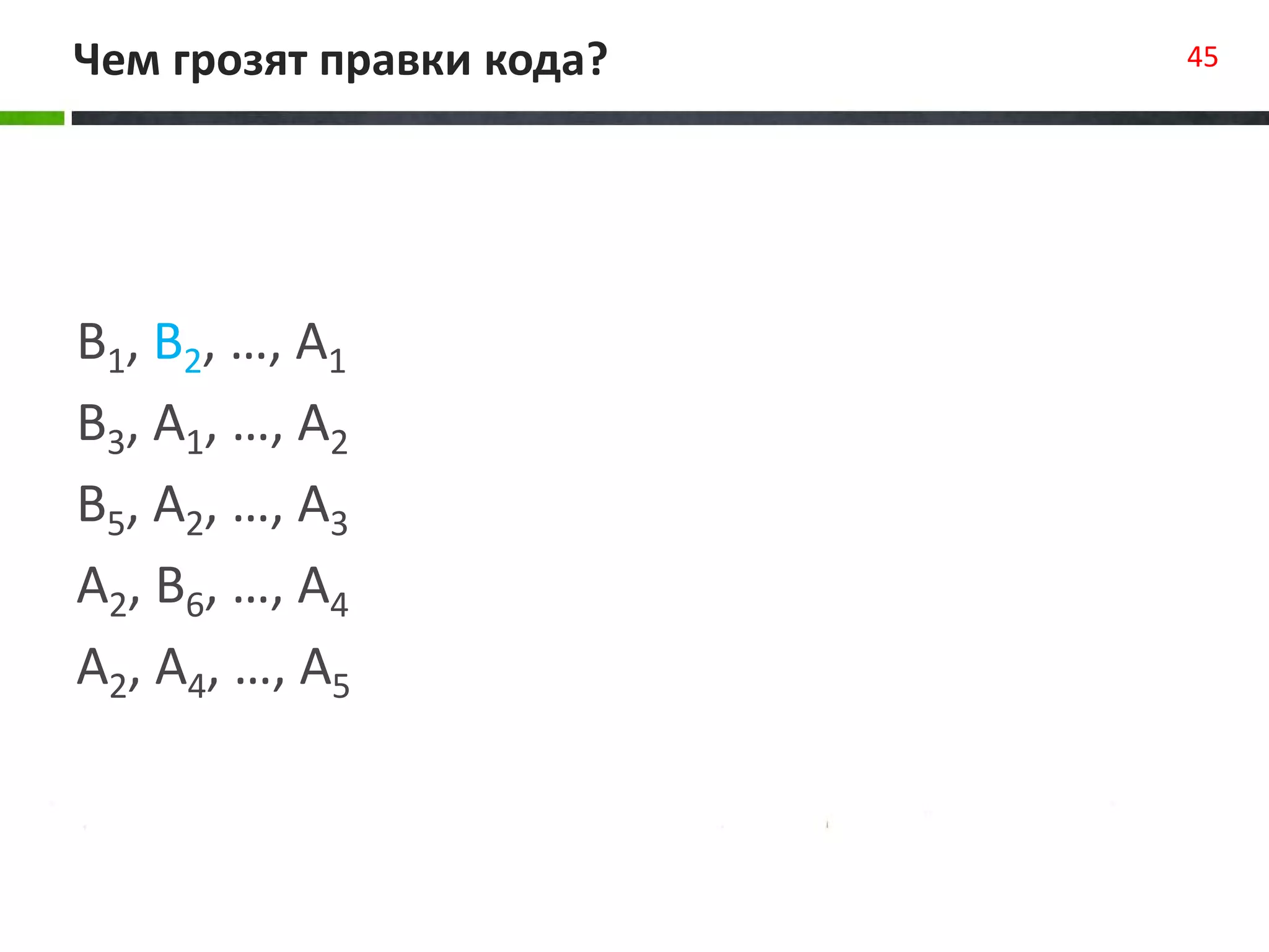 Чем грозят правки кода? 45
B1, B2, …, A1
B3, A1, …, A2
B5, A2, …, A3
A2, B6, …, A4
A2, A4, …, A5
 
