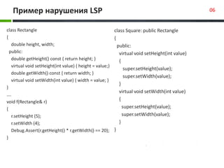Пример нарушения LSP 06
class Rectangle
{
double height, width;
public:
double getHeight() const { return height; }
virtua...