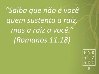 “Saiba que não é você
quem sustenta a raiz,
mas a raiz a você.”
(Romanos 11.18)
 