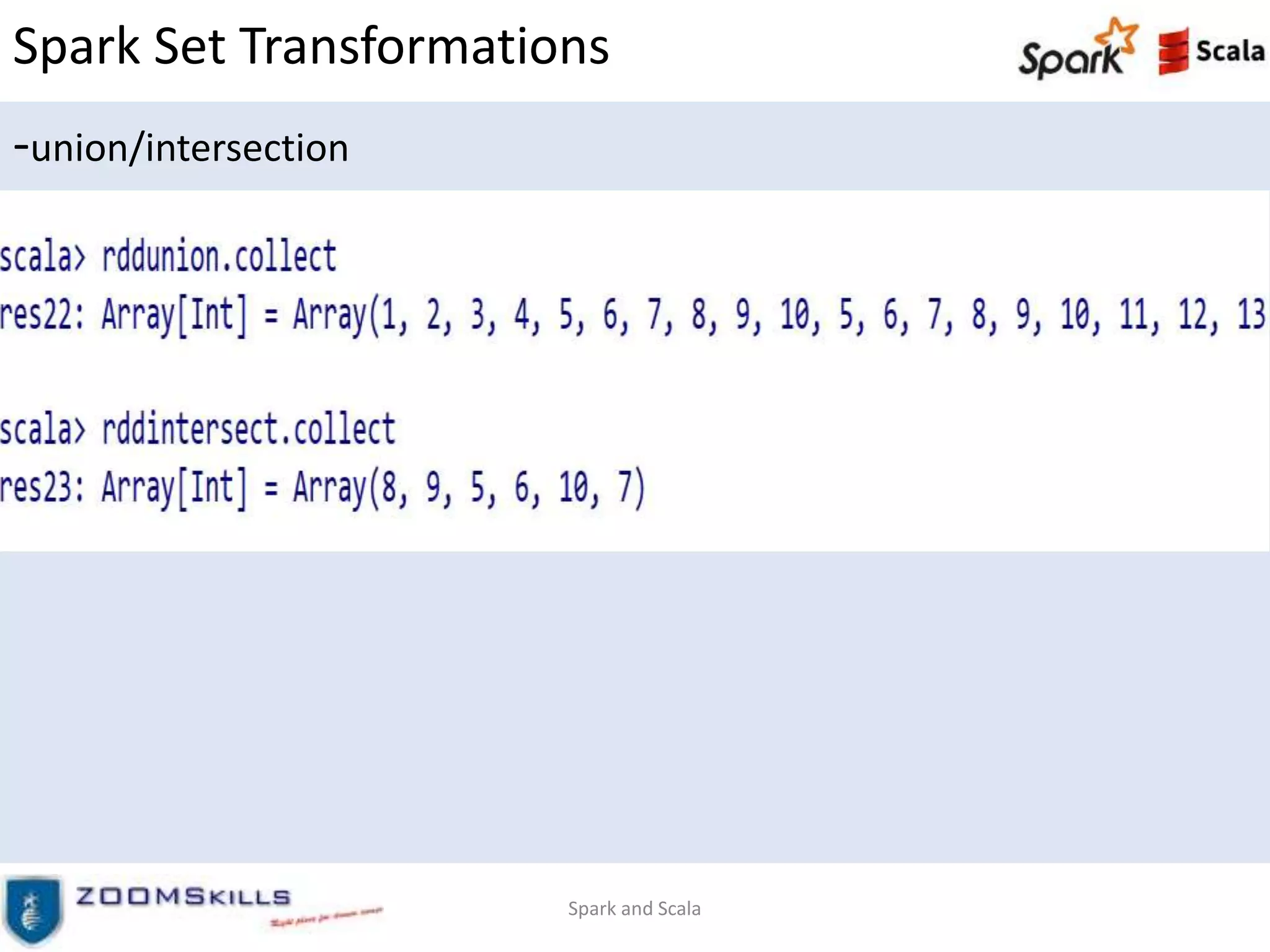 Spark Set Transformations
-union/intersection
Spark and Scala
 