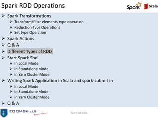 Spark RDD Operations
 Spark Transformations
 Transform/filter elements type operation
 Reduction Type Operations
 Set type Operation
 Spark Actions
 Q & A
 Different Types of RDD
 Start Spark Shell
 In Local Mode
 in Standalone Mode
 in Yarn Cluster Mode
 Writing Spark Application in Scala and spark-submit in
 in Local Mode
 in Standalone Mode
 in Yarn Cluster Mode
 Q & A
Spark and Scala
 