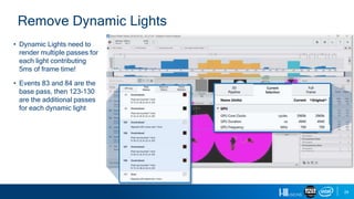 24
Remove Dynamic Lights
• Dynamic Lights need to
render multiple passes for
each light contributing
5ms of frame time!
• Events 83 and 84 are the
base pass, then 123-130
are the additional passes
for each dynamic light
 