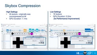 39
Skybox Compression
Low Settings
• 1K texture
• GPU Duration: 0.2ms
(5x Performance Improvement)
High Settings
• 2k texture - originally was
uncompressed at 4k
• GPU Duration: 1.1ms
 