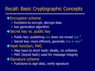 Encryption scheme
• functions to encrypt, decrypt data
• key generation algorithm
Secret key vs. public key
• Public key: publishing key does not reveal key-1
• Secret key: more efficient, generally key = key-1
Hash function, MAC
• Map input to short hash; ideally, no collisions
• MAC (keyed hash) used for message integrity
Signature scheme
• Functions to sign data, verify signature
Recall: Basic Cryptographic Concepts
 