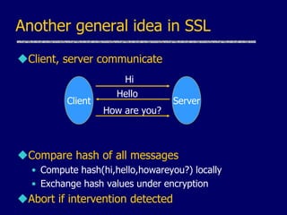 Another general idea in SSL
Client, server communicate
Compare hash of all messages
• Compute hash(hi,hello,howareyou?) locally
• Exchange hash values under encryption
Abort if intervention detected
Client Server
Hi
Hello
How are you?
 