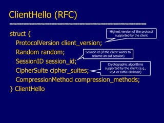 struct {
ProtocolVersion client_version;
Random random;
SessionID session_id;
CipherSuite cipher_suites;
CompressionMethod compression_methods;
} ClientHello
ClientHello (RFC)
Highest version of the protocol
supported by the client
Session id (if the client wants to
resume an old session)
Cryptographic algorithms
supported by the client (e.g.,
RSA or Diffie-Hellman)
 