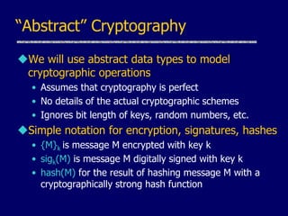 “Abstract” Cryptography
We will use abstract data types to model
cryptographic operations
• Assumes that cryptography is perfect
• No details of the actual cryptographic schemes
• Ignores bit length of keys, random numbers, etc.
Simple notation for encryption, signatures, hashes
• {M}k is message M encrypted with key k
• sigk(M) is message M digitally signed with key k
• hash(M) for the result of hashing message M with a
cryptographically strong hash function
 