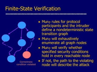 Finite-State Verification
...
...
 Murj rules for protocol
participants and the intruder
define a nondeterministic state
transition graph
 Murj will exhaustively
enumerate all graph nodes
 Murj will verify whether
specified security conditions
hold in every reachable node
 If not, the path to the violating
node will describe the attack
Correctness
condition violated
 