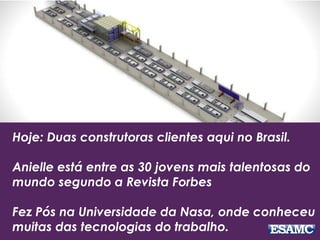 Hoje: Duas construtoras clientes aqui no Brasil.
Anielle está entre as 30 jovens mais talentosas do
mundo segundo a Revista Forbes
Fez Pós na Universidade da Nasa, onde conheceu
muitas das tecnologias do trabalho.
 