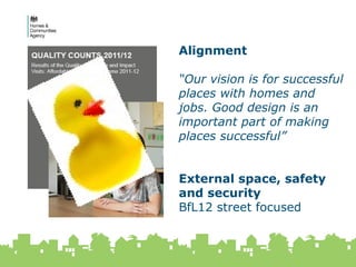 18 February 2015
32
Alignment
“Our vision is for successful
places with homes and
jobs. Good design is an
important part of making
places successful”
External space, safety
and security
BfL12 street focused
 