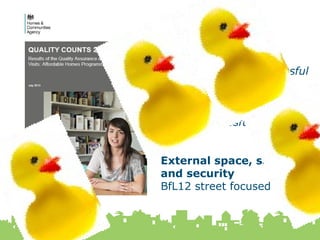 18 February 2015
33
Alignment
“Our vision is for successful
places with homes and
jobs. Good design is an
important part of making
places successful”
External space, safety
and security
BfL12 street focused
 