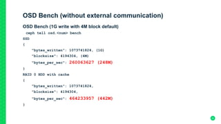 OSD Bench (without external communication)
OSD Bench (1G write with 4M block default)
ceph tell osd.<num> bench
SSD
{
"bytes_written": 1073741824, (1G)
"blocksize": 4194304, (4M)
"bytes_per_sec": 260063627 (248M)
}
RAID 0 HDD with cache
{
"bytes_written": 1073741824,
"blocksize": 4194304,
"bytes_per_sec": 464233957 (442M)
}
31
 
