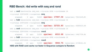 RBD Bench: rbd write with seq and rand
rbd –p ssd bench-write rbd_test --io-size 4096 --io-threads 16
--io-total 209715200 --io-pattern seq
elapsed: 2 ops: 51200 ops/sec: 17947.54 bytes/sec: 73513129.85
rbd –p hdd bench-write rbd_test --io-size 4096 --io-threads 16
--io-total 209715200 --io-pattern seq
elapsed: 2 ops: 51200 ops/sec: 22725.83 bytes/sec: 93085010.58
rbd –p ssd bench-write rbd_test --io-size 4096 --io-threads 16
--io-total 209715200 --io-pattern rand
elapsed: 12 ops: 51200 ops/sec: 4010.68 bytes/sec: 16427739.46
rbd –p hdd bench-write rbd_test --io-size 4096 --io-threads 16
--io-total 209715200 --io-pattern rand
elapsed: 13 ops: 51200 ops/sec: 3844.75 bytes/sec: 15748101.36
HDD with RAID card cache run faster in Sequence compare to Random	
33
 