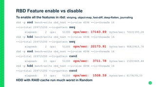 RBD Feature enable vs disable
To enable all the features in rbd: striping, object-map, fast-diff, deep-flatten, journaling
rbd –p ssd bench-write rbd_test --io-size 4096 --io-threads 16
--io-total 209715200 --io-pattern seq
elapsed: 2 ops: 51200 ops/sec: 17143.89 bytes/sec: 70221393.28
rbd –p hdd bench-write rbd_test --io-size 4096 --io-threads 16
--io-total 209715200 --io-pattern seq
elapsed: 2 ops: 51200 ops/sec: 22173.81 bytes/sec: 90823913.76
rbd –p ssd bench-write rbd_test --io-size 4096 --io-threads 16
--io-total 209715200 --io-pattern rand
elapsed: 13 ops: 51200 ops/sec: 3711.78 bytes/sec: 15203449.44
rbd –p hdd bench-write rbd_test --io-size 4096 --io-threads 16
--io-total 209715200 --io-pattern rand
elapsed: 33 ops: 51200 ops/sec: 1508.59 bytes/sec: 6179179.33
HDD with RAID cache run much worst in Random	
	
34
 