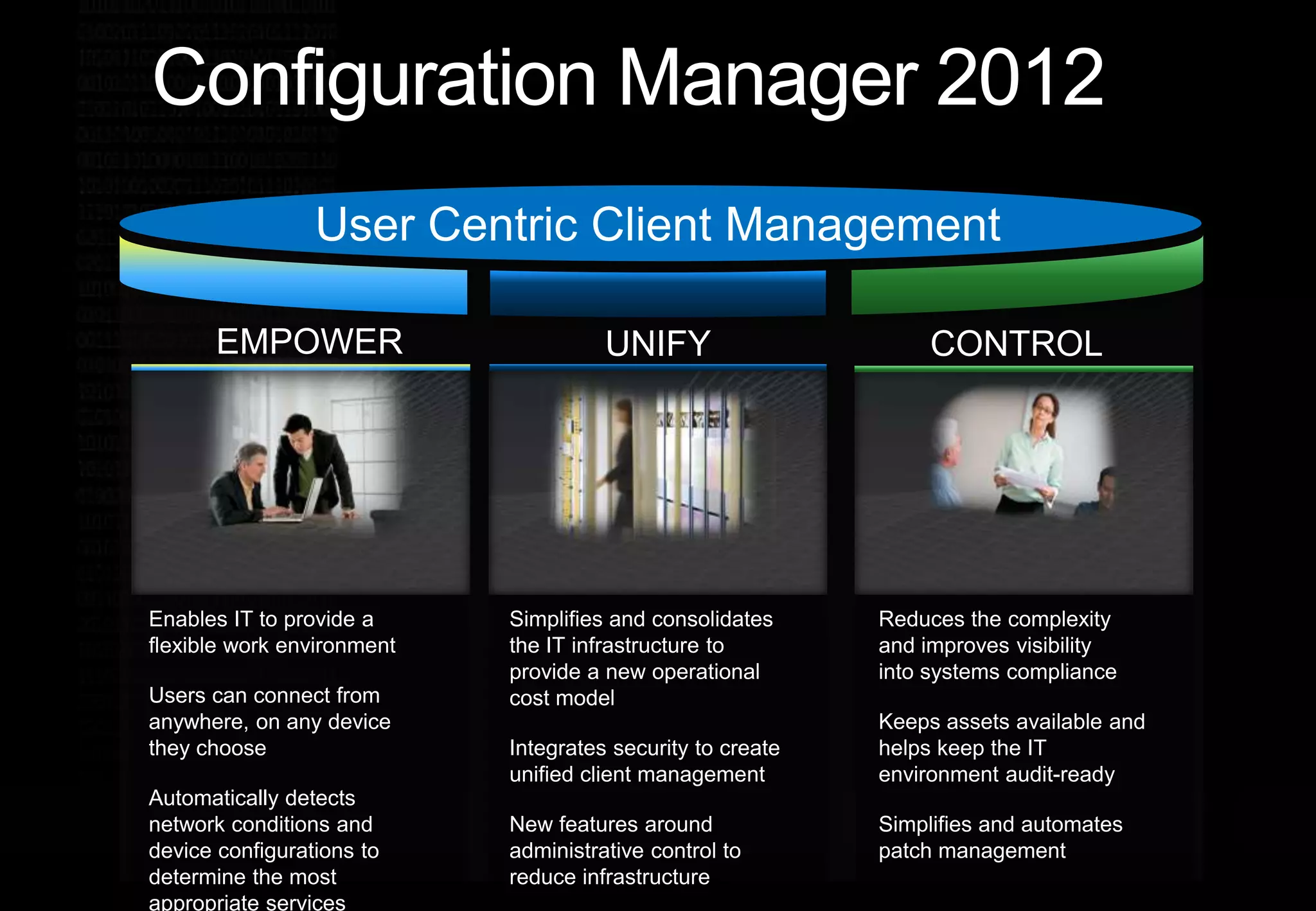 Configuration Manager 2012User Centric Client ManagementEMPOWERCONTROLUNIFYReduces the complexity and improves visibility into systems compliance Keeps assets available and helps keep the IT environment audit-ready Simplifies and automates  patch managementSimplifies and consolidates the IT infrastructure to provide a new operational cost modelIntegrates security to create unified client managementNew features around administrative control to reduce infrastructure Enables IT to provide a flexible work environment Users can connect from anywhere, on any device they chooseAutomatically detects network conditions and device configurations to determine the most appropriate services
