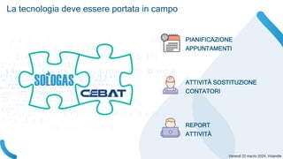 PIANIFICAZIONE
APPUNTAMENTI
ATTIVITÀ SOSTITUZIONE
CONTATORI
REPORT
ATTIVITÀ
La tecnologia deve essere portata in campo
 