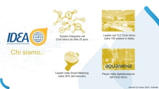 Chi siamo…
System Integrator nel
Ciclo Idrico da oltre 25 anni
Leader nel TLC Ciclo Idrico
(oltre 150 sistemi in Italia)
Leader nello Smart Metering
(oltre 30% del mercato)
Player nella digitalizzazione
del Ciclo Idrico
 